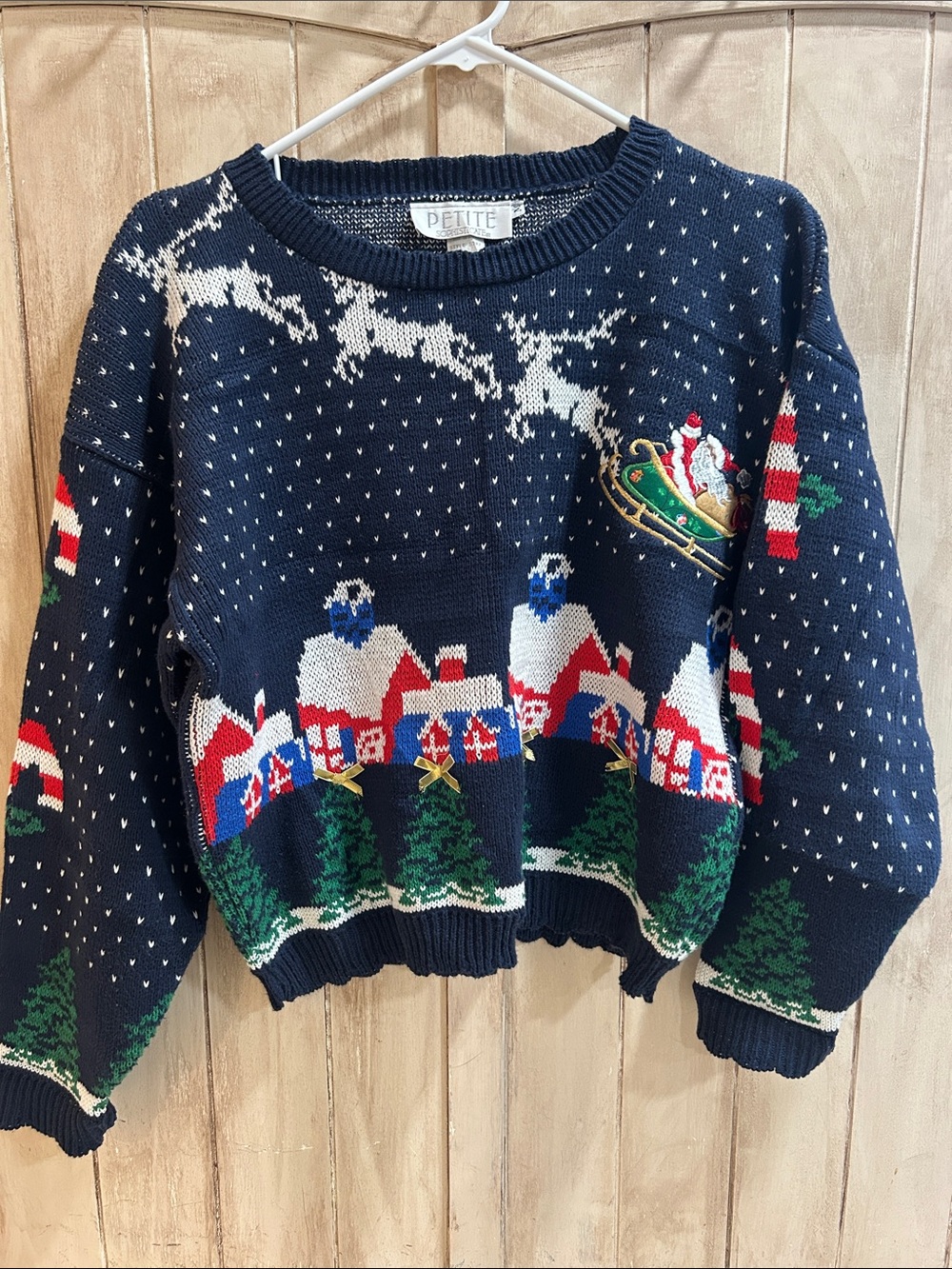 Petite Sophisticate - Vintage Navy Holiday Village & Santa Sweater- 100% Cotton